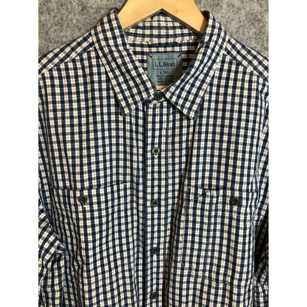 L.L.Bean Shirt Mens Large Tall Blue White Gingham Plaid Button Down Long Sleeve